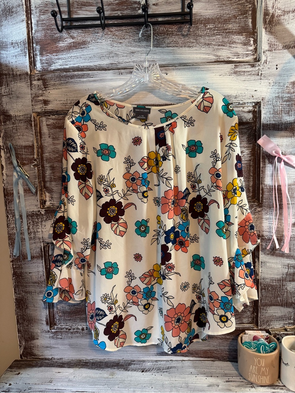 Van Heusen Floral Blouse — Cream with Teal, Coral & Mustard Accents